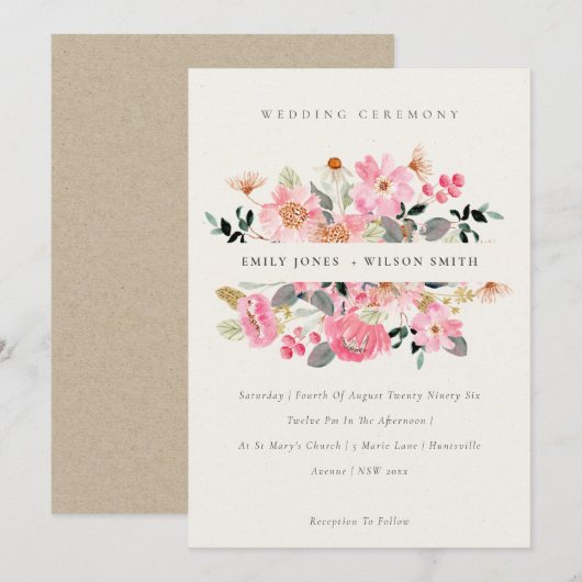 Cute Lively Pink Waterverf Floral Wedding Invite Bedankkaart (Voorkant / Achterkant)