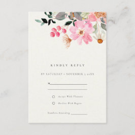 Cute Lively Pink Waterverf Floral Wedding RSVP Informatiekaartje