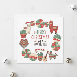 Cute Llama and Poncho Andean Christmas Card Feestdagenkaart