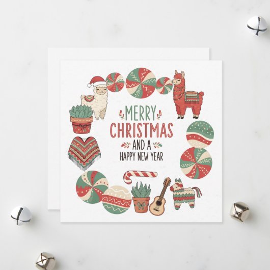Cute Llama and Poncho Andean Christmas Card Feestdagenkaart (Voorkant / Achterkant in situ)