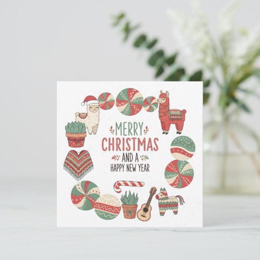Cute Llama and Poncho Andean Christmas Card Feestdagenkaart (Staand voorkant)
