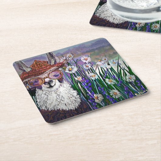 .Cute Llama Art met bril. en kunst Kartonnen Onderzetters (Schuin)