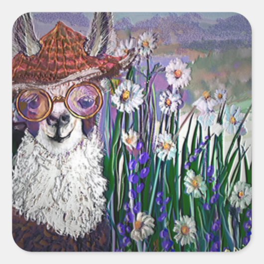 .Cute Llama Art met bril. en kunst Vierkante Sticker (Voorkant)