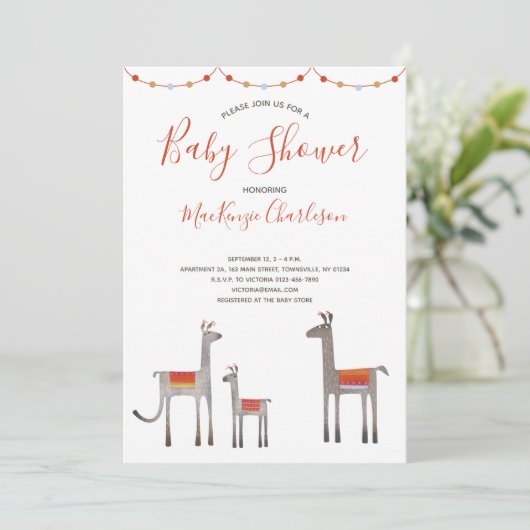 Cute Llama Baby shower Invitation Kaart (Staand voorkant)