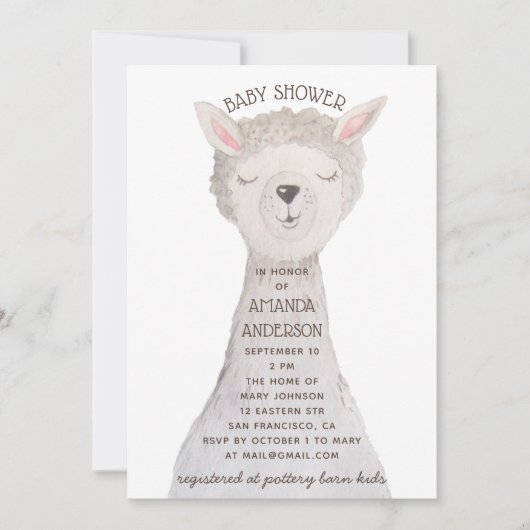 Cute Llama Baby Shower | Neutral Watercolor Alpaca Kaart (Voorkant)