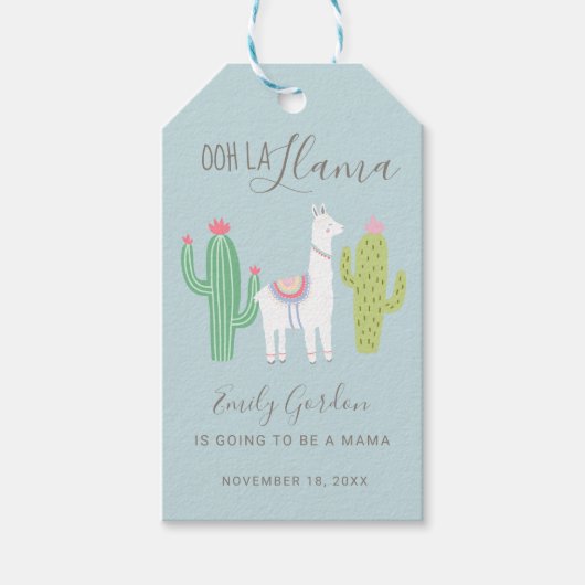 Cute Llama Baby shower Succulents Boy Blue Cadeaulabel (Voorkant)