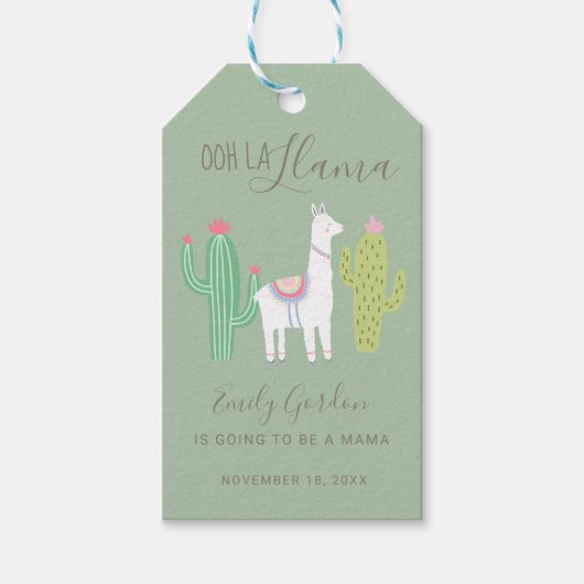 Cute Llama Baby shower Succulents boy green Cadeaulabel (Voorkant)