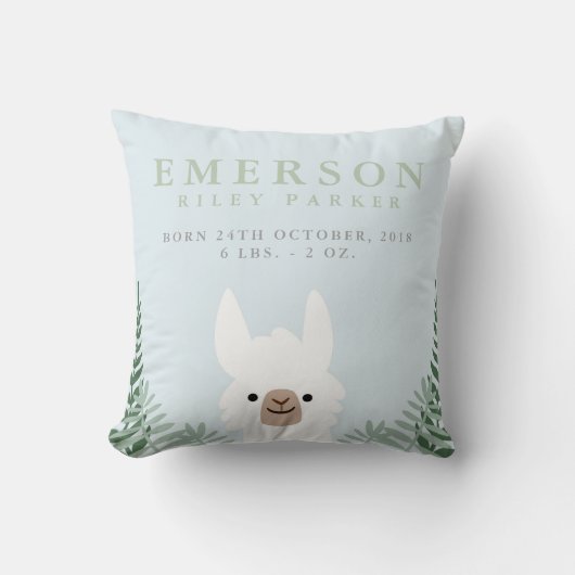 Cute Llama Birth Announcement Stats Nursery Pillow Kussen (Voorkant)