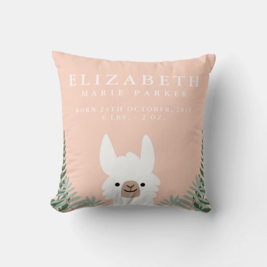 Cute Llama Birth Announcement Stats Nursery Pillow Kussen (Voorkant)