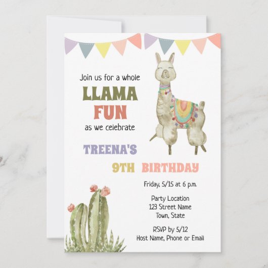 Cute Llama Birthday Invitation Kaart (Voorkant)