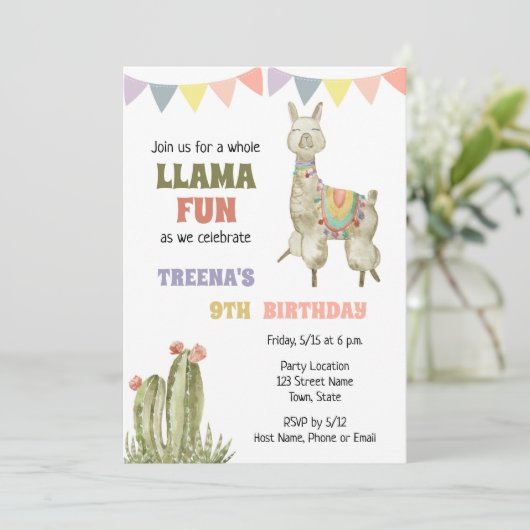 Cute Llama Birthday Invitation Kaart (Staand voorkant)