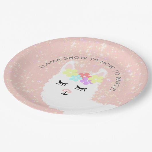 Cute Llama Blush Pink Floral Party Papieren Bordje (Gekanteld)