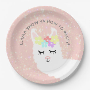 Cute Llama Blush Pink Floral Party Papieren Bordje