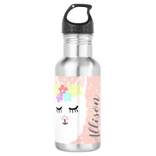 Cute Llama Blush Pink Floral Sparkle Stars Waterfles (Voorkant)