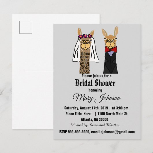 Cute Llama Bride en Groom Vrijgezellenfeest Uitnodiging Briefkaart (Voorkant / Achterkant)