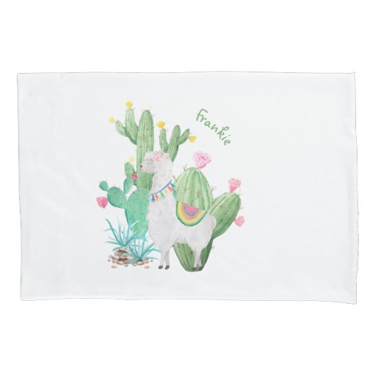 Cute Llama & Cactus Waterverf Persoonlijk Wit Kussensloop (Voorkant)