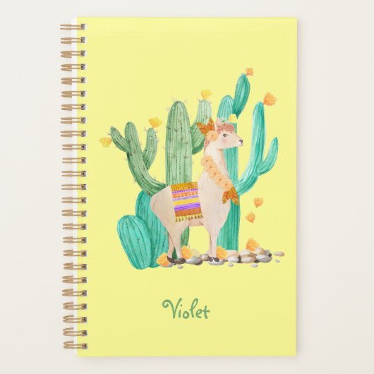 Cute Llama & Cactus Waterverf Yellow Personalized Planner (Voorkant)