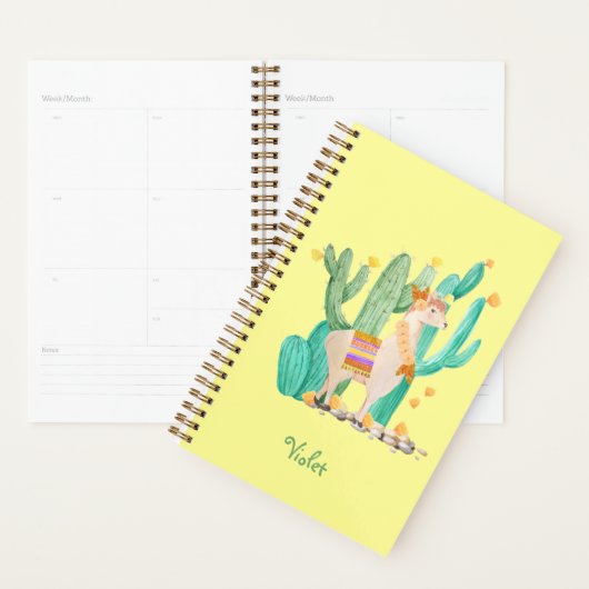 Cute Llama & Cactus Waterverf Yellow Personalized Planner (Display)