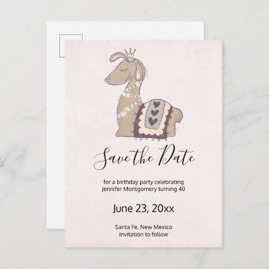 Cute Llama die een Kroon zwaait sparen de Datum Uitnodiging Briefkaart (Voorkant / Achterkant)