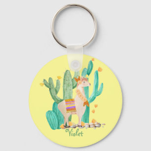 Cute Llama en Cactus met Flowers - Geel Sleutelhanger