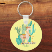 Cute Llama en Cactus met Flowers - Geel Sleutelhanger (Achterkant)