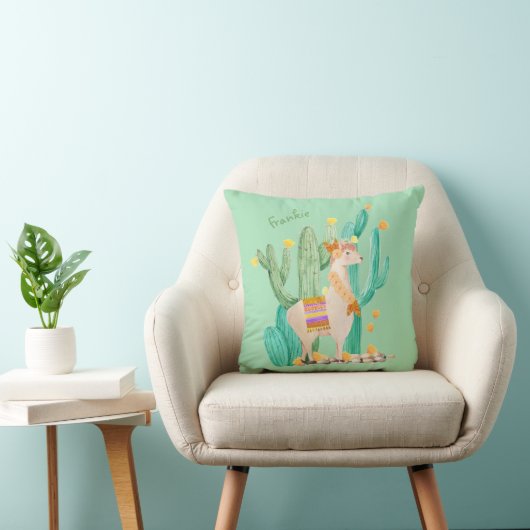 Cute Llama en Cactus - Mint Green Persoonlijk Kussen (Stoel)