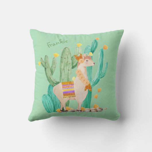 Cute Llama en Cactus - Mint Green Persoonlijk Kussen (Achterkant)