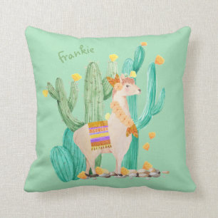 Cute Llama en Cactus - Mint Green Persoonlijk Kussen