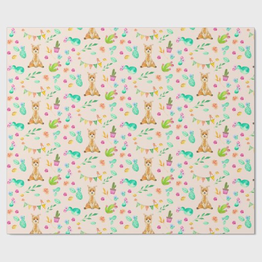 Cute Llama en Cactus Pattern Wrapping Paper Cadeaupapier (Vlak)