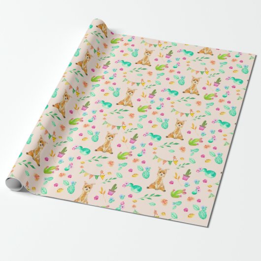 Cute Llama en Cactus Pattern Wrapping Paper Cadeaupapier (Uitgerold)