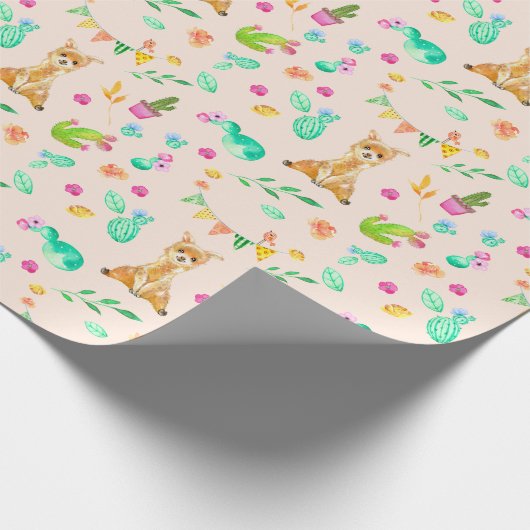 Cute Llama en Cactus Pattern Wrapping Paper Cadeaupapier (Hoek)