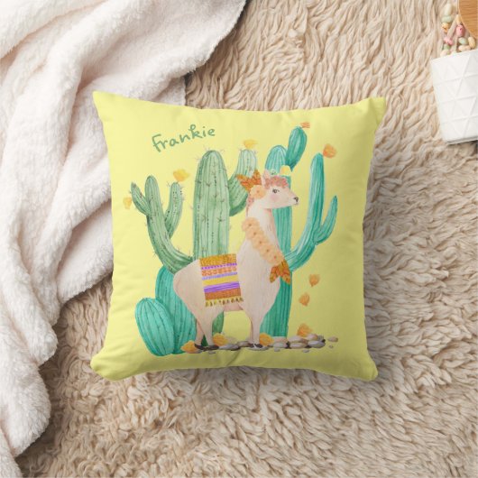 Cute Llama en Cactus Scene - Geel, gepersonaliseer Kussen (Deken)