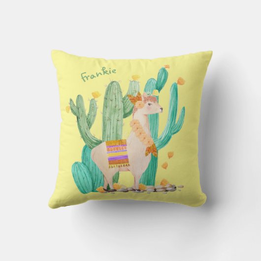 Cute Llama en Cactus Scene - Geel, gepersonaliseer Kussen (Achterkant)
