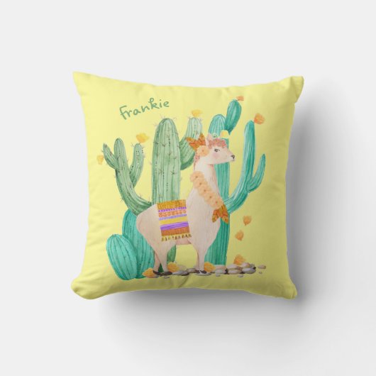 Cute Llama en Cactus Scene - Geel, gepersonaliseer Kussen (Voorkant)
