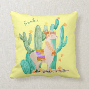 Cute Llama en Cactus Scene - Geel, gepersonaliseer Kussen