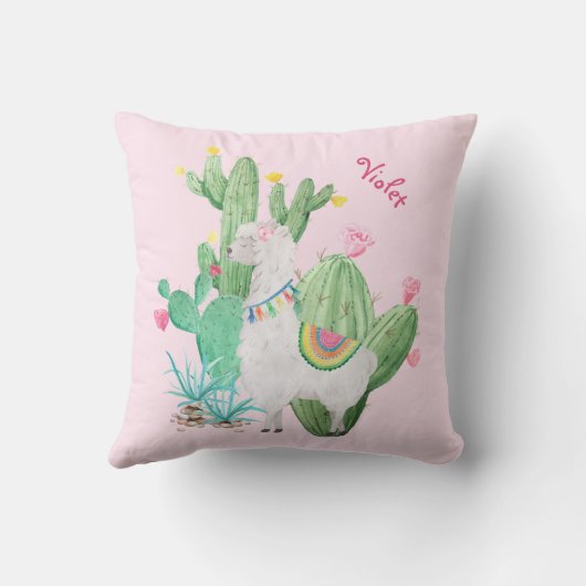 Cute Llama en Cactus Scene - Gepersonaliseerd Roze Kussen (Achterkant)