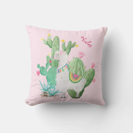 Cute Llama en Cactus Scene - Gepersonaliseerd Roze Kussen