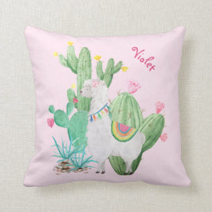 Cute Llama en Cactus Scene - Gepersonaliseerd Roze Kussen