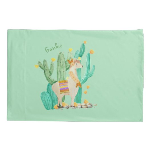 Cute Llama en Cactus Waterverf - Gepersonaliseerd Kussensloop (Achterkant)