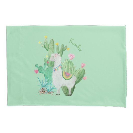 Cute Llama en Cactus Waterverf - Gepersonaliseerd Kussensloop (Voorkant)