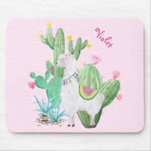 Cute Llama en Cactus Waterverf - Pastel Roze Muismat