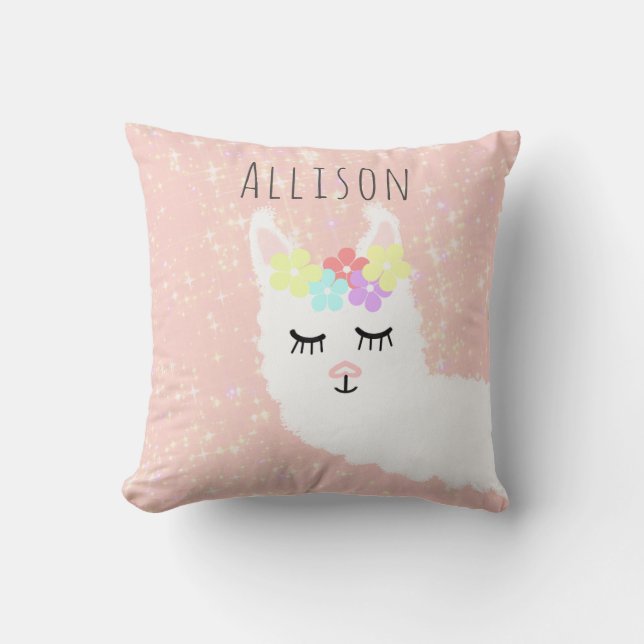Cute Llama Floral Blush Pink Stars Gepersonaliseer Kussen (Voorkant)