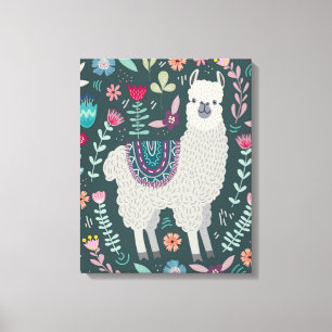 Cute Llama Floral Design Canvas Afdruk
