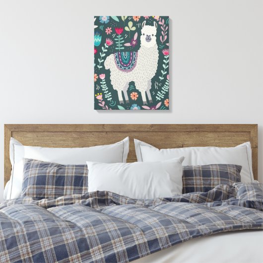 Cute Llama Floral Design Canvas Afdruk (Insitu (Slaapkamer))