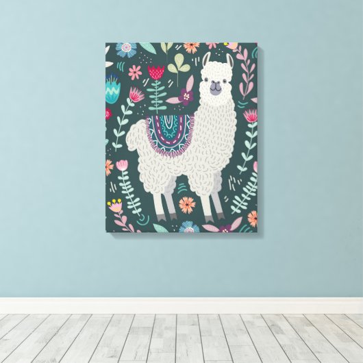 Cute Llama Floral Design Canvas Afdruk (Insitu (Houten vloer))