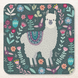 Cute Llama Floral Design Kartonnen Onderzetters