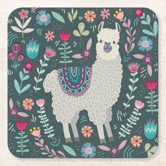 Cute Llama Floral Design Kartonnen Onderzetters (Voorkant)