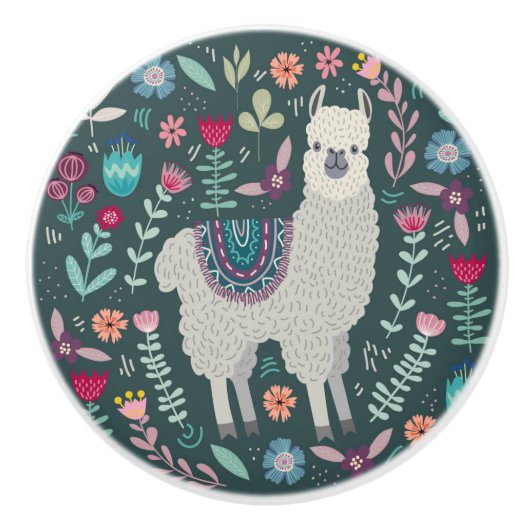 Cute Llama Floral Design Keramische Knop (Voorkant)