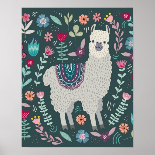 Cute Llama Floral Design Poster (Voorkant)