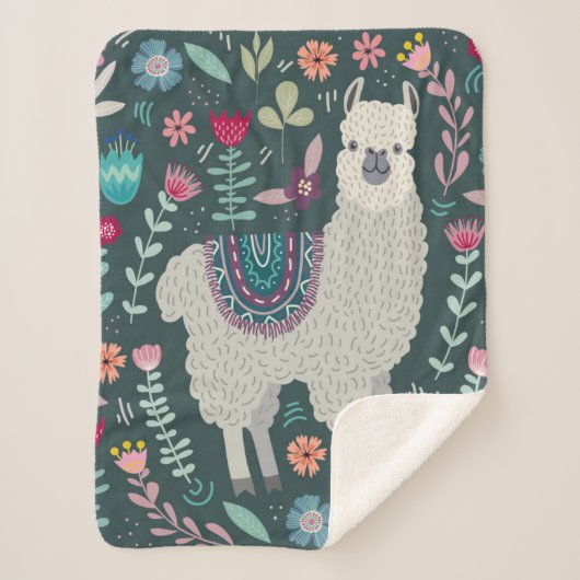 Cute Llama Floral Design Sherpa Deken (Voorkant)